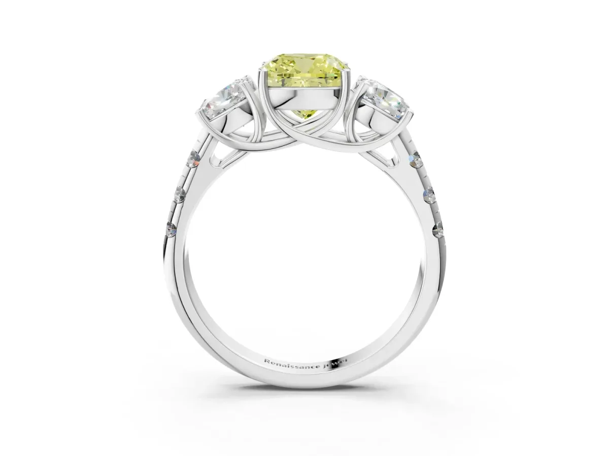 Fancy Yellow Three-Stone Cushion Cut Diamond Pavé Band with Prong Setting Platinum