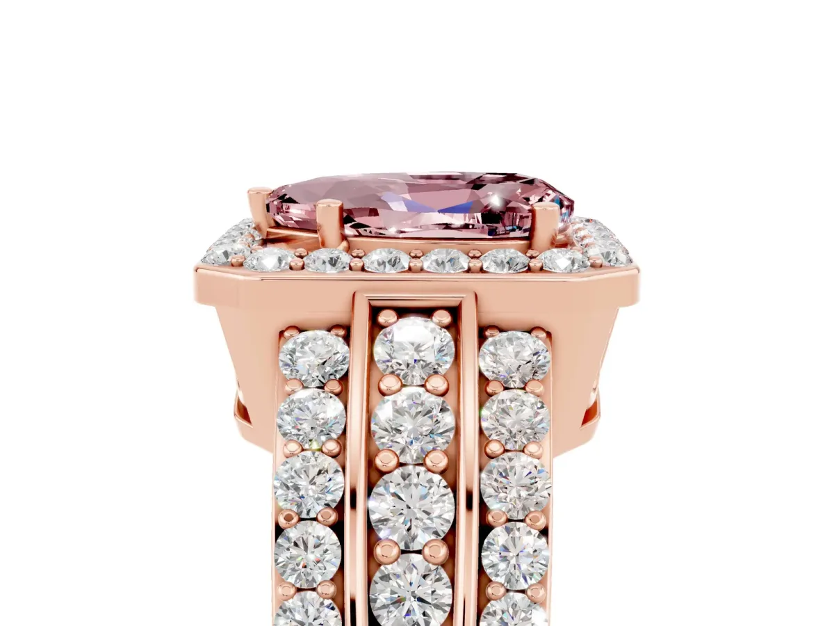 Pear Cut Halo Morganite Ring with Round Split Shank and Prong Setting Rose gold