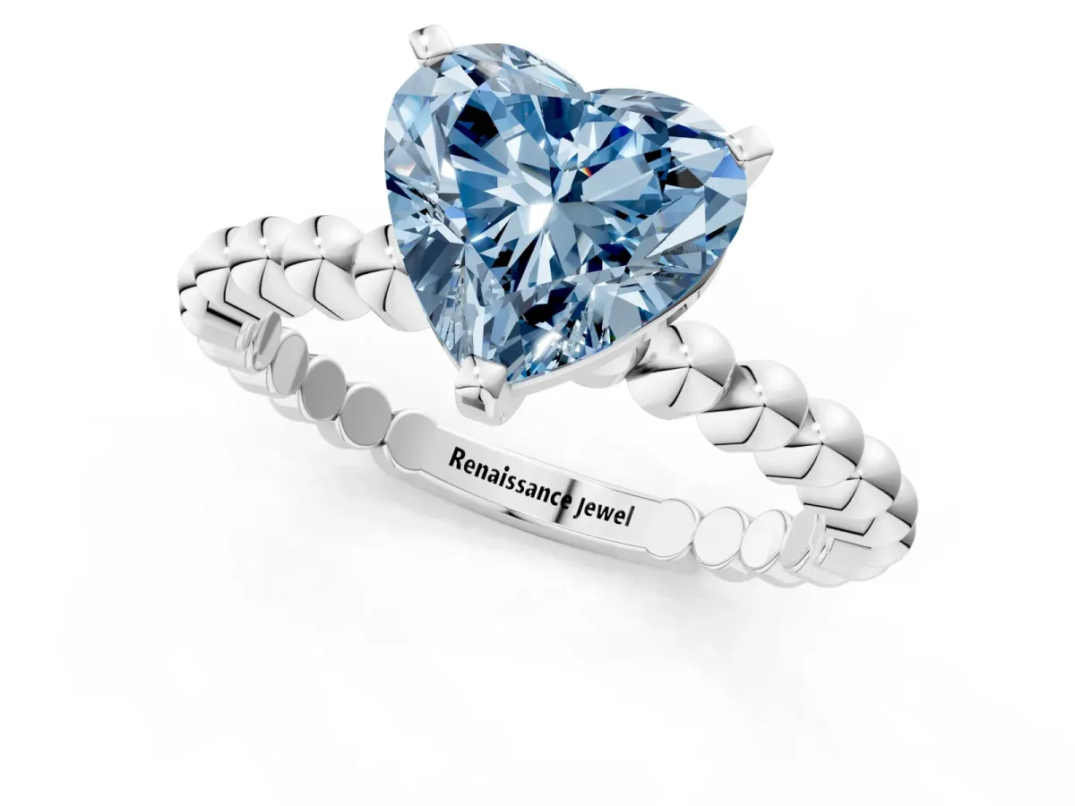 Fancy Blue Heart Cut Diamond Solitaire Ring with Beaded Band and Prong Setting Silver