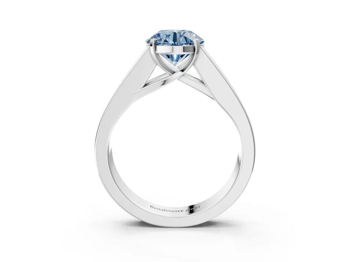 Fancy Blue Round Cut Cut Channel Set Solitaire Ring with Four-Prong Setting Platinum