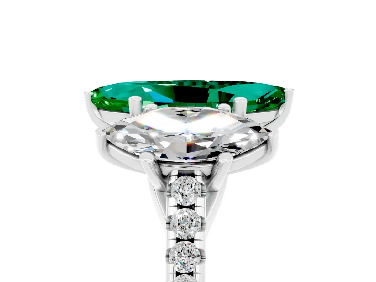 Three-Stone Marquise Cut Emerald Ring with Round Pavé Band and Prong Setting Silver