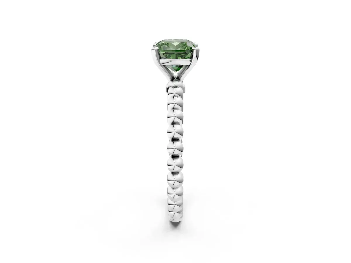 Fancy Green Cushion Cut Diamond Solitaire Ring with Beaded Band and Prong Setting Silver