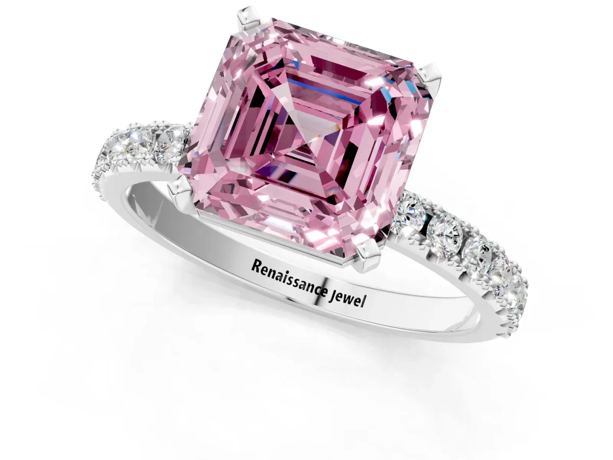 Fancy Pink Asscher Cut Diamond Solitaire Pavé Band with Four-Prong Setting Silver