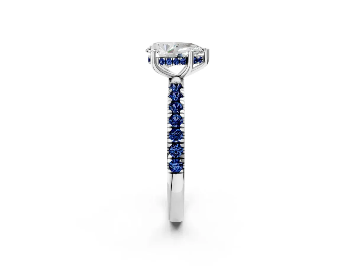 Pear Cut Diamond Pave Band Solitaire Ring with Round Blue Sapphire and Prong Setting Silver