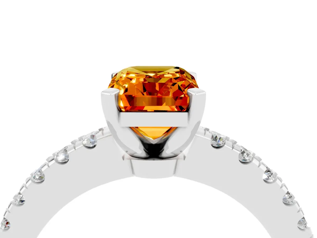 Emerald Cut Solitaire Citrine with Pavé Band and Four-Prong Setting Silver