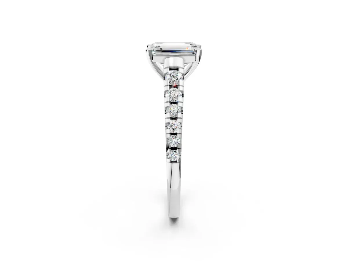 Emerald Cut Diamond Cathedral Solitaire Ring with Round Pavé Band Platinum
