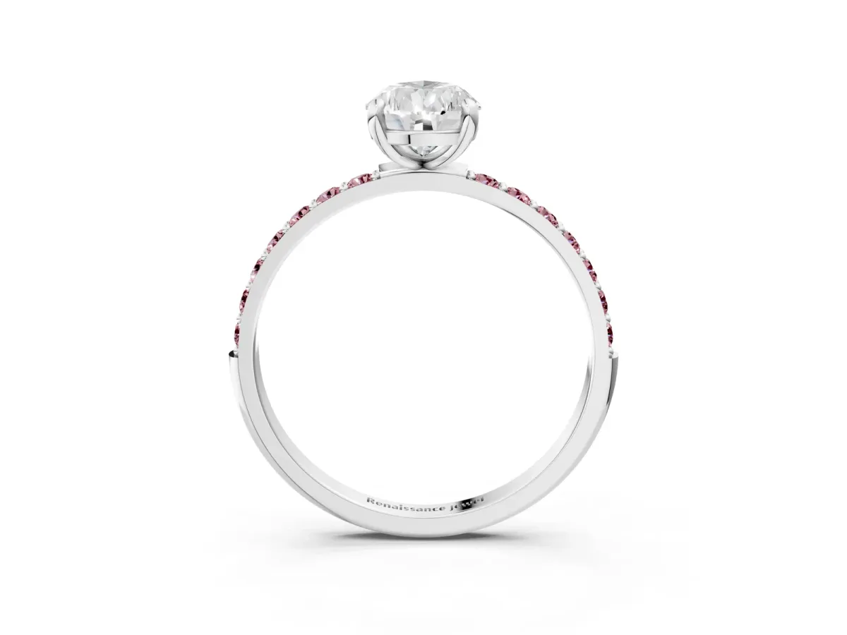Pear Cut Diamond Solitaire Ring with Round Morganite Pavé Band and Prong Setting Silver