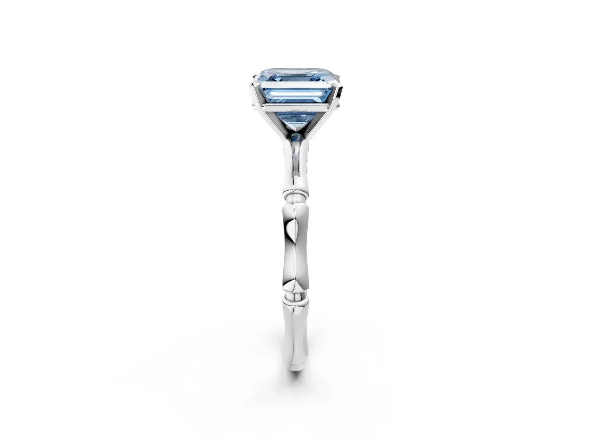 Fancy Blue Asscher Cut Solitaire Diamond Ring with Bamboo Band and Four-Prong Setting Platinum
