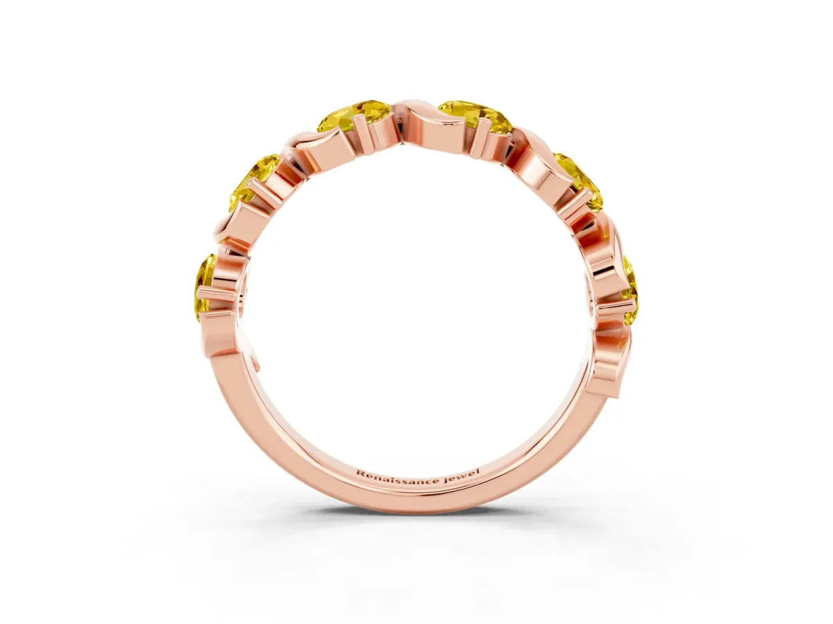 Round Yellow Sapphire Half Eternity Band with Wave Prong Setting Rose gold