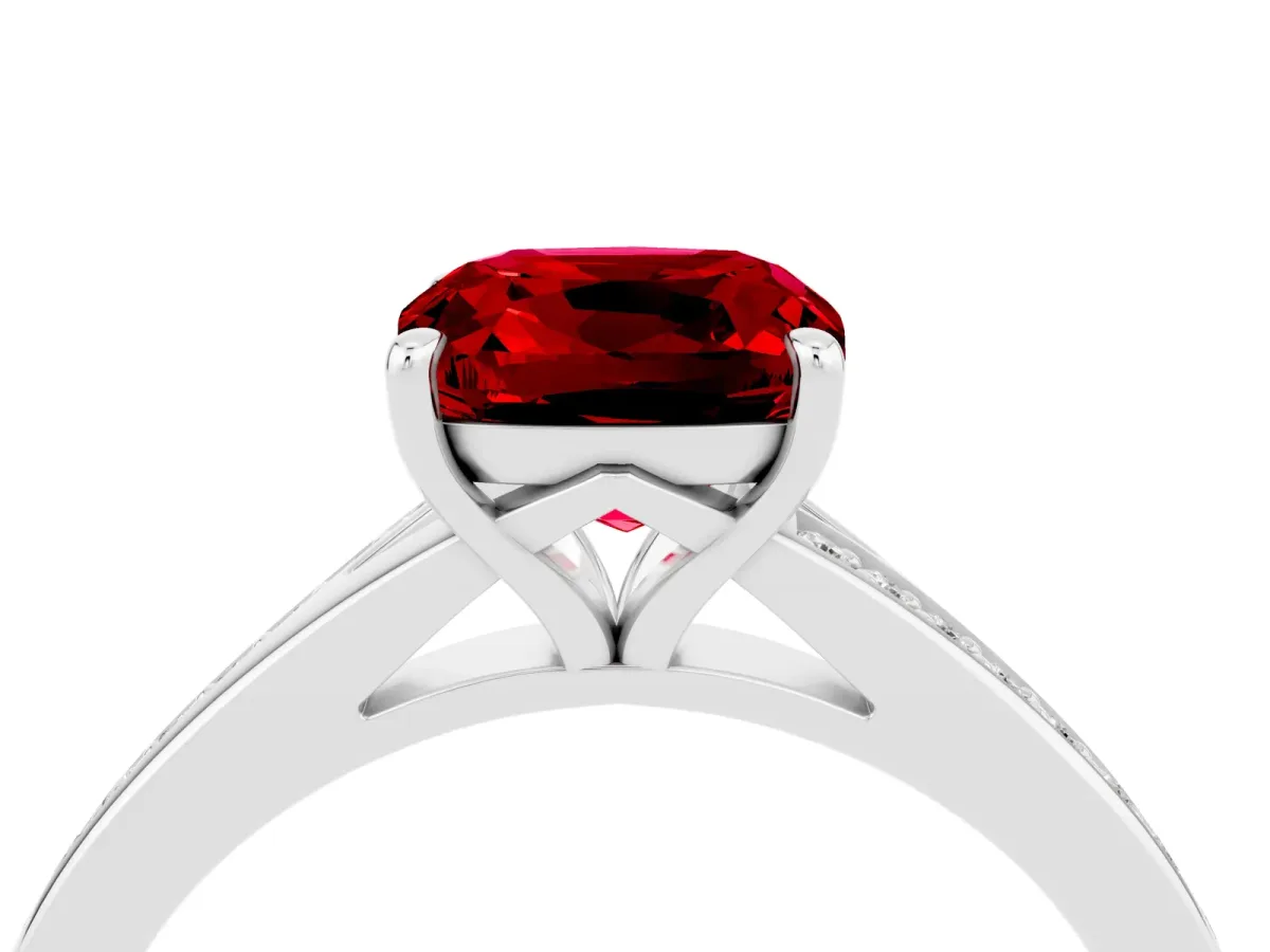 Cushion Cut Ruby Solitaire Ring with Pavé Band and Prong Setting Silver