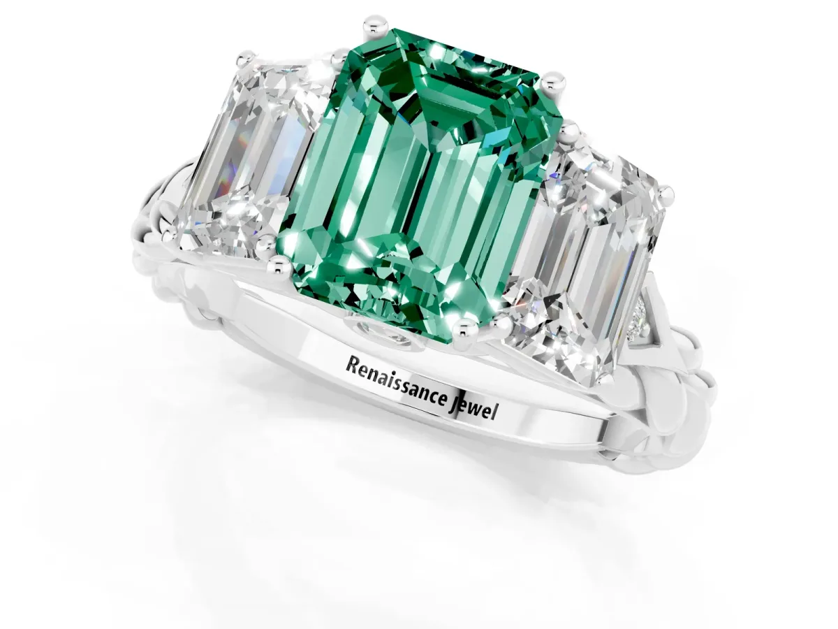 Three-Stone Emerald Cut Green Sapphire Braided Band Ring with Four-Prong Setting Silver
