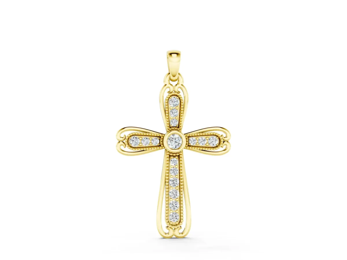 Pavé Round Diamond Cross Pendant with Bezel Setting Yellow gold