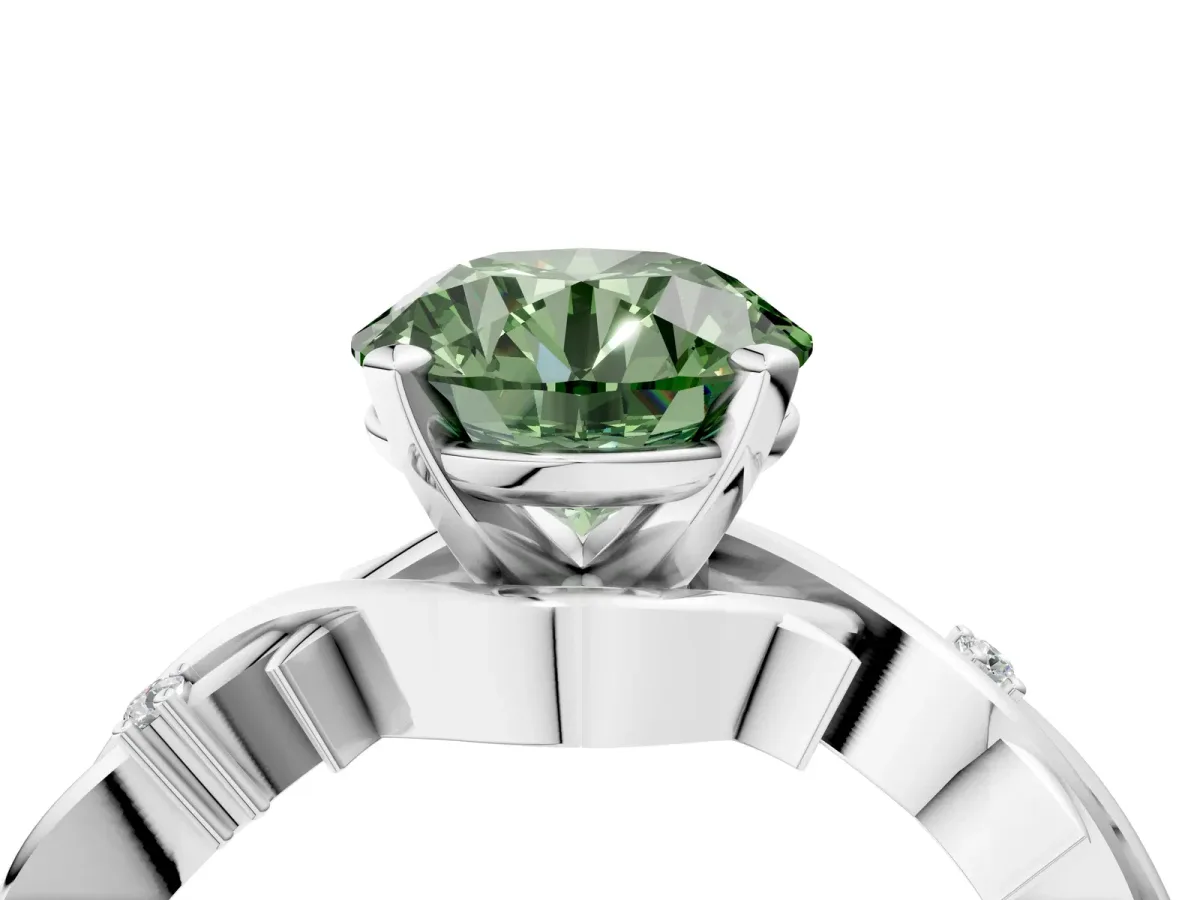 Fancy Green Round Cut Diamond Solitaire Ring with Twisted Band and Prong Setting Silver