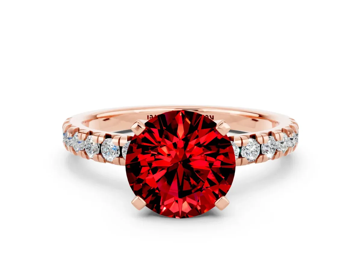 Round Cut Ruby Solitaire Pavé Engagement Ring with Round Band and Prong Setting Rose gold