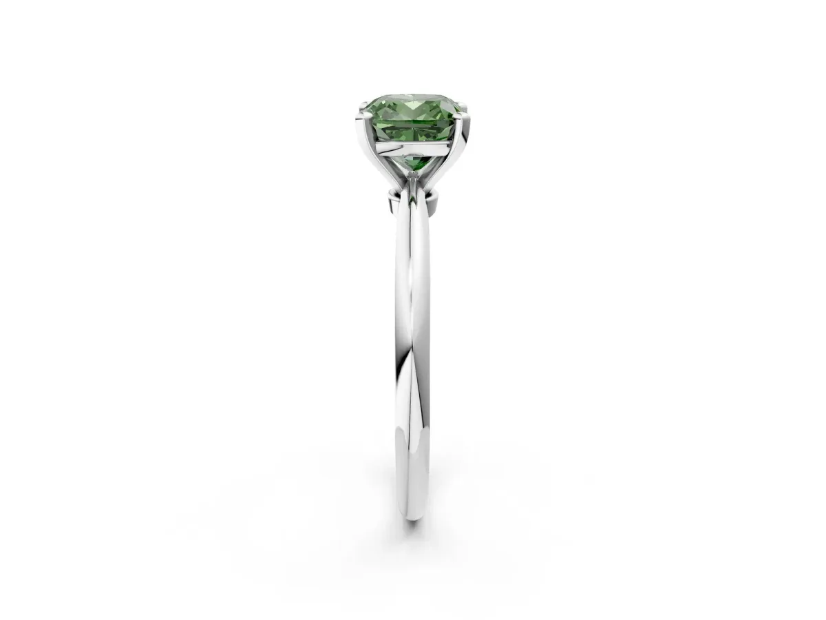 Fancy Green Cushion Cut Diamond Solitaire Ring with Six-Prong Setting and Classic Band Silver