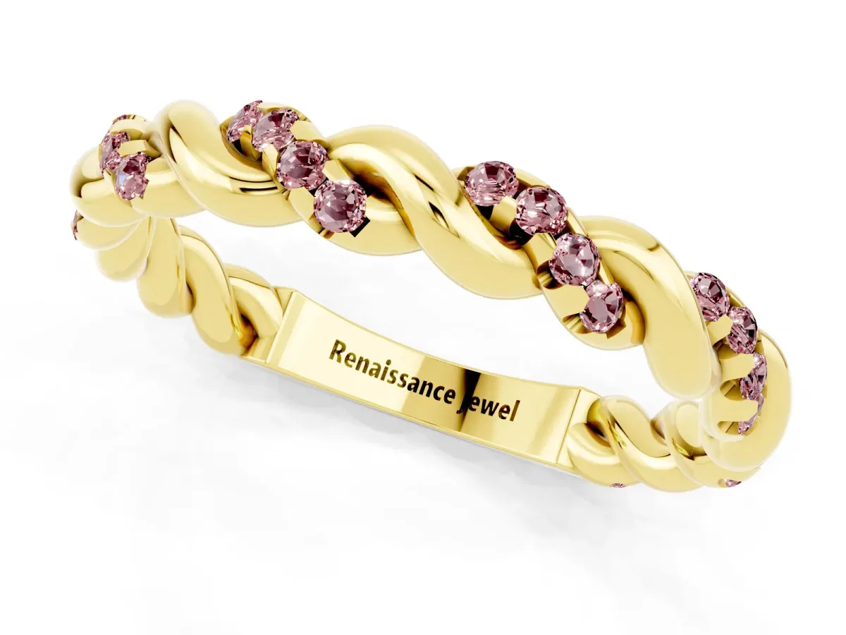 Twisted Pavé Round Morganite Eternity Band Yellow gold