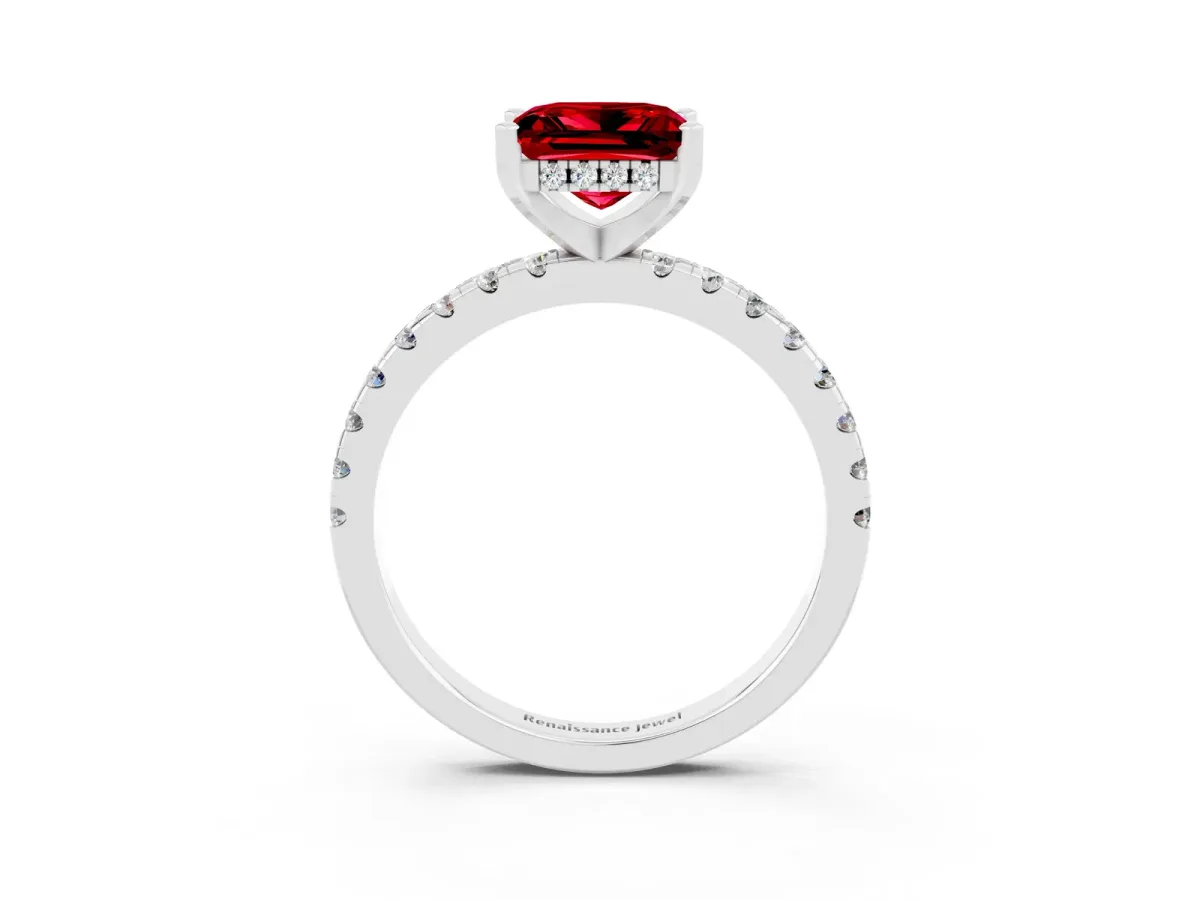 Princess Cut Ruby Solitaire Ring with Round Pavé Band and Four-Prong Setting Platinum