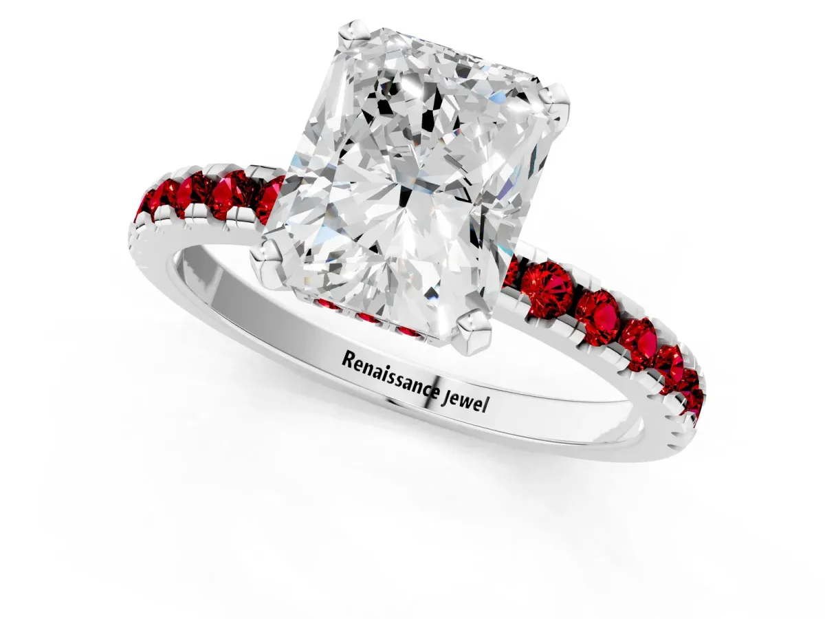 Radiant Cut Diamond Solitaire Ring with Round Ruby Pavé Band and Four-Prong Setting Silver