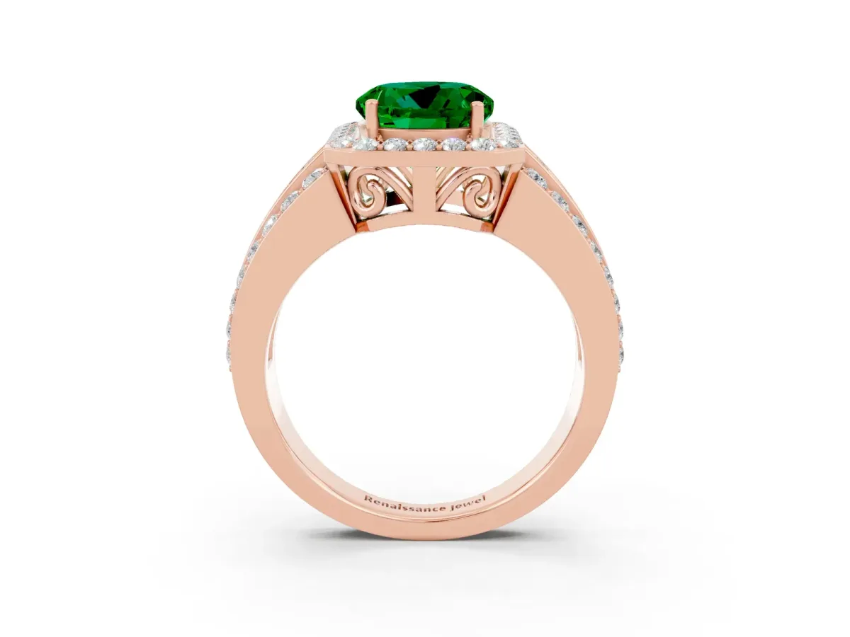 Round Cut Halo Emerald Ring with Round Split Shank and Prong Setting Rose gold