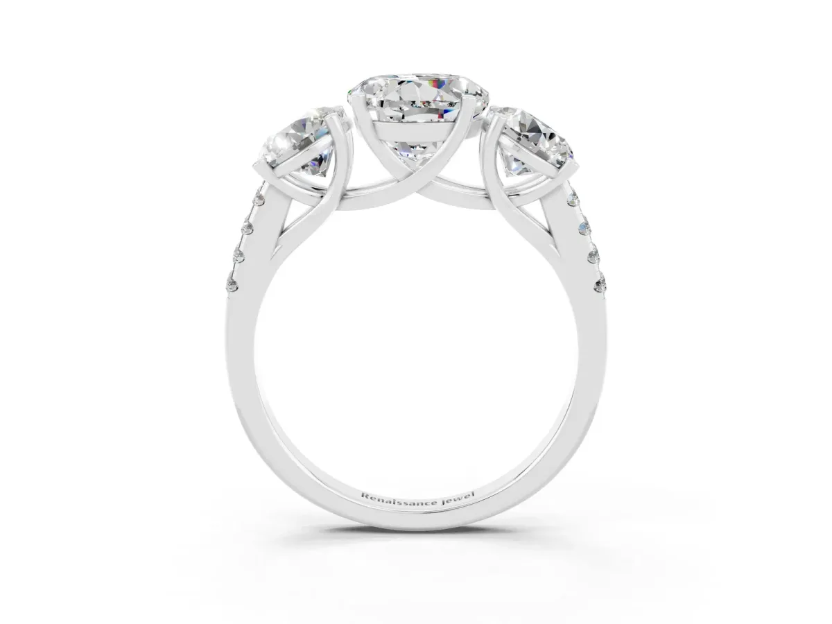 Three-Stone Round Cut Moissanite Ring with Round Pavé Band and Prong Setting Platinum
