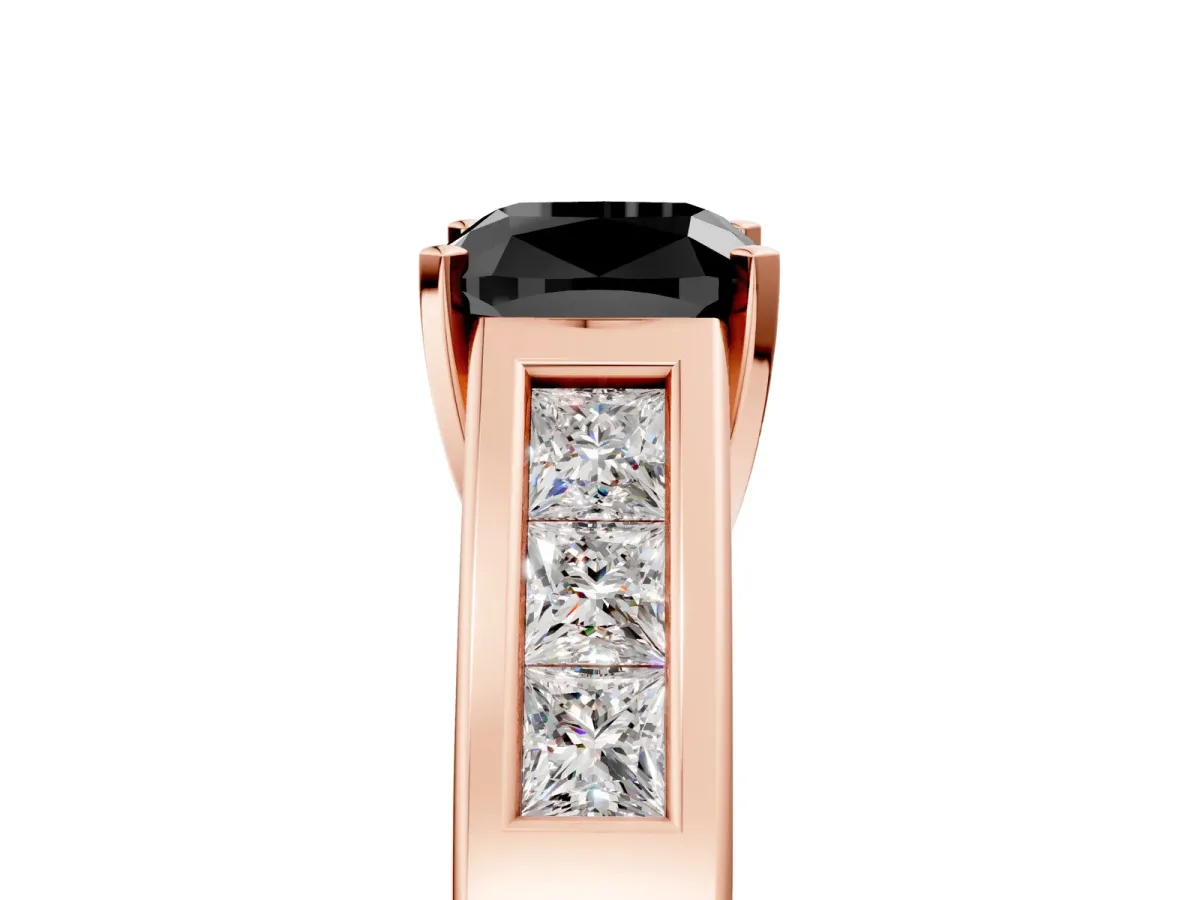 Fancy Black Cushion Cut Cut Channel Set Solitaire Ring with Four-Prong Setting Rose gold