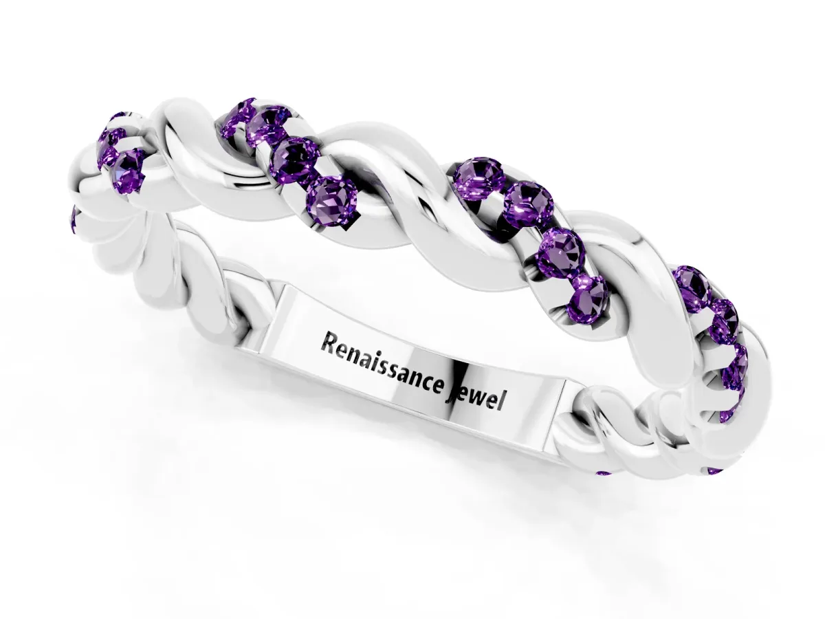 Twisted Pavé Round Amethyst Eternity Band Silver