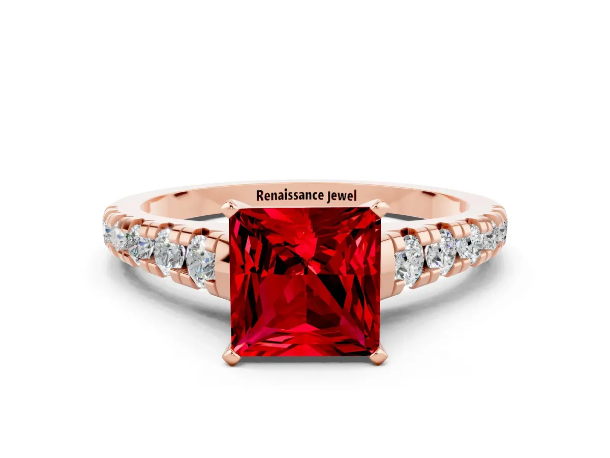 Princess Cut Ruby Cathedral Solitaire Ring with Round Pavé Band Rose gold