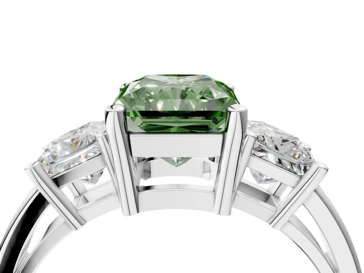 Fancy Green Three-Stone Radiant Cut Cut Solitaire Ring with Prong Setting Platinum