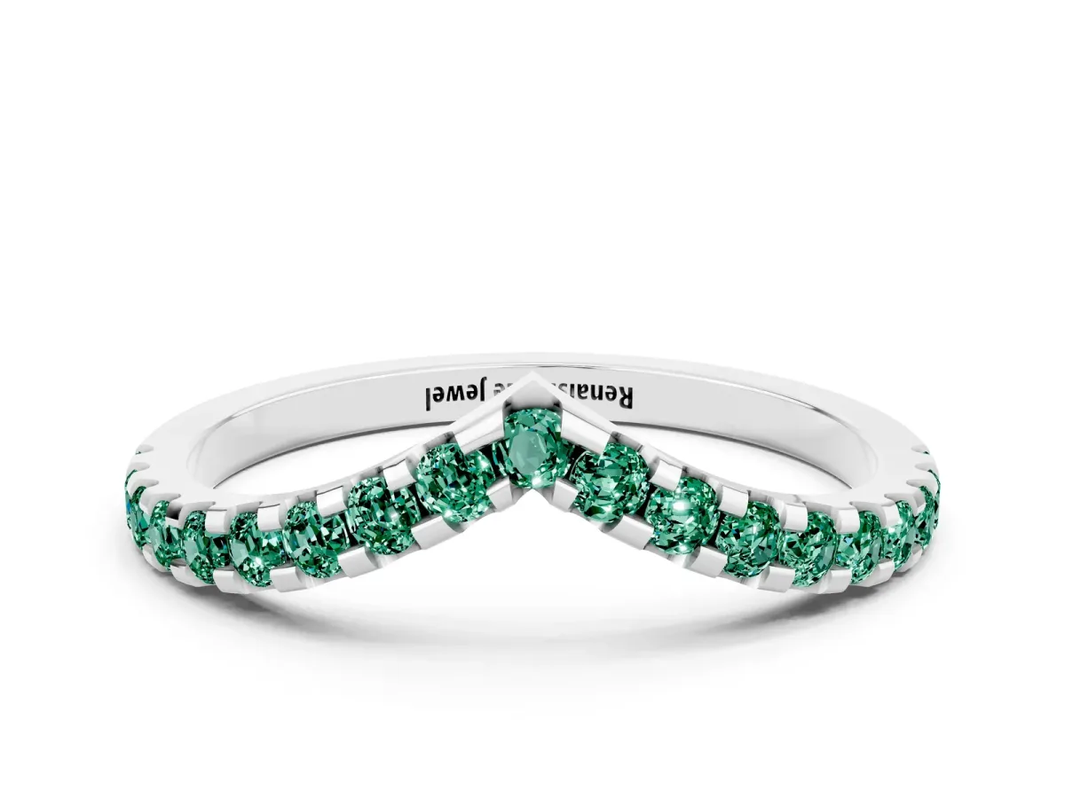 Pavé Round Green Sapphire Chevron Band with Shared Prong Setting Silver