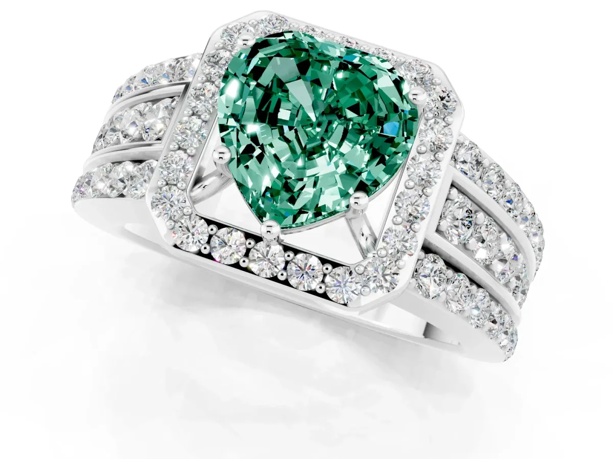 Heart Cut Halo Green Sapphire Ring with Round Split Shank and Prong Setting Silver