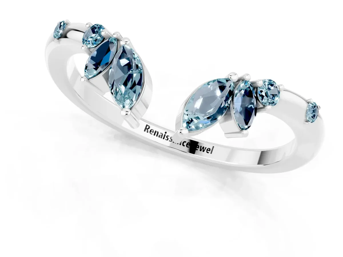 Open Marquise Cluster Aquamarine Band with Prong Setting Platinum