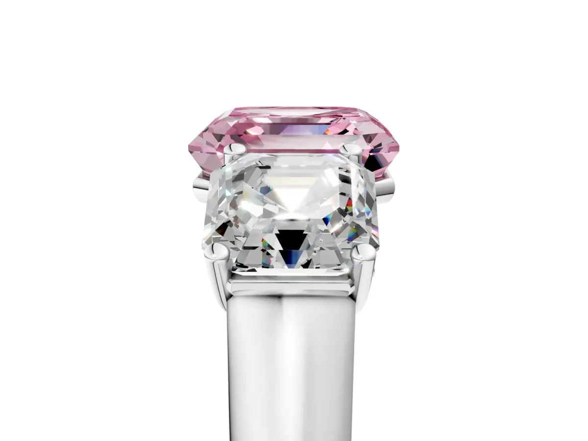 Fancy Pink Asscher Cut Three-Stone Diamond Ring with Prong Setting on a Classic Band Platinum