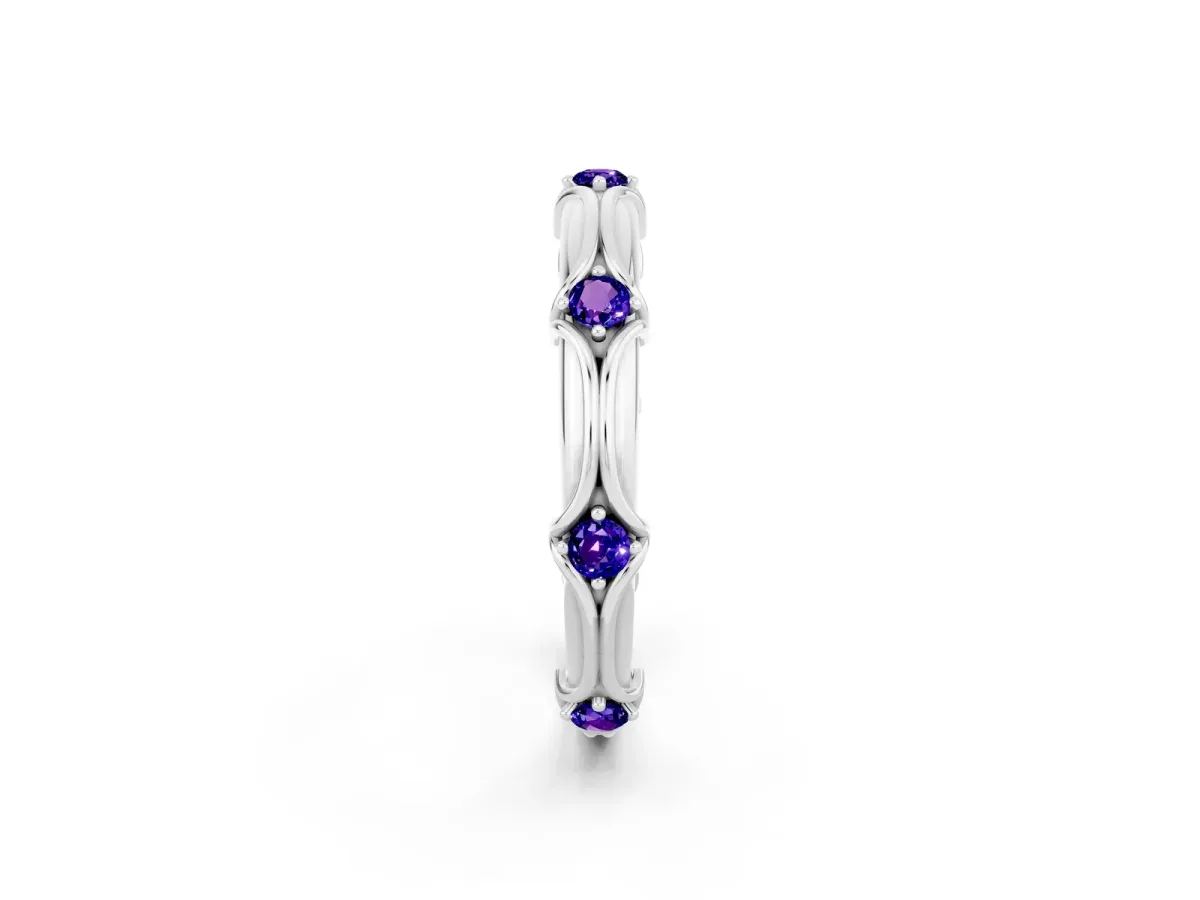 Round Tanzanite Prong Set Milgrain Eternity Band Silver