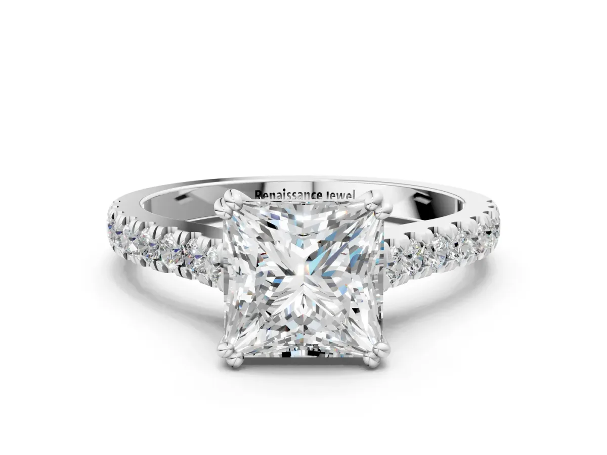 Princess Cut Solitaire Pave Diamond Engagement Ring with Prong Setting White gold