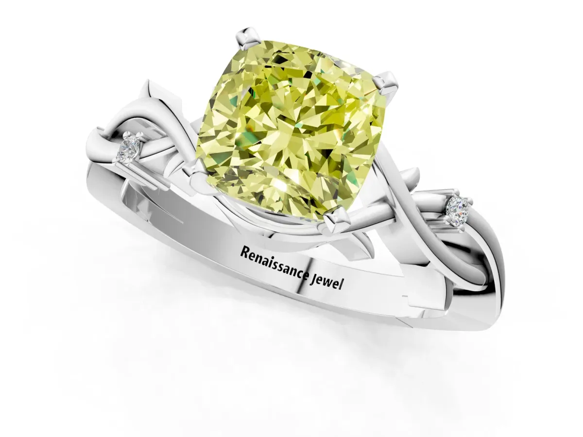 Fancy Yellow Cushion Cut Diamond Solitaire Ring with Twisted Band and Prong Setting Platinum