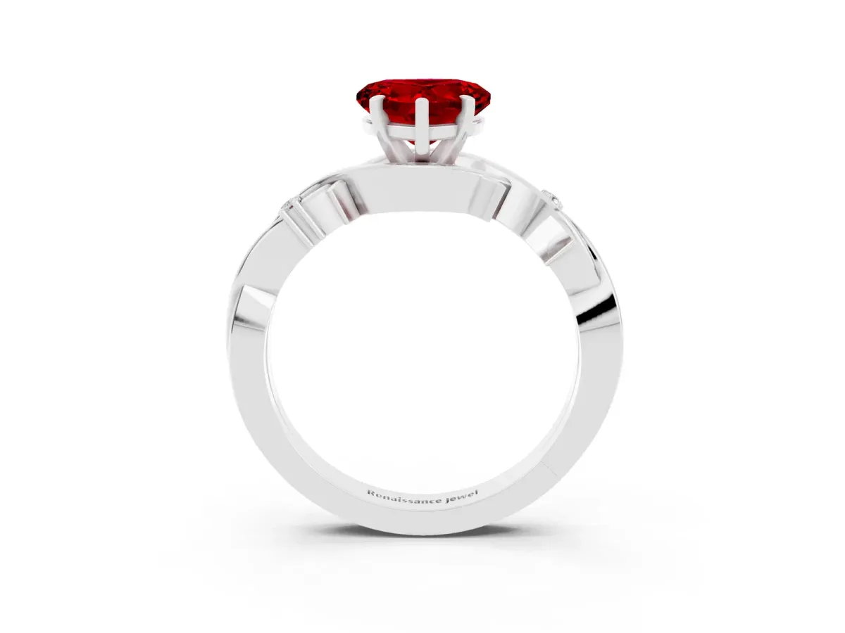 Heart Cut Ruby Solitaire Ring with Twisted Band and Prong Setting Platinum