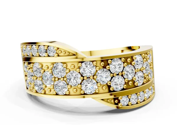 Pavé Round Diamond Crossover Band with Bead Prong Setting Yellow gold