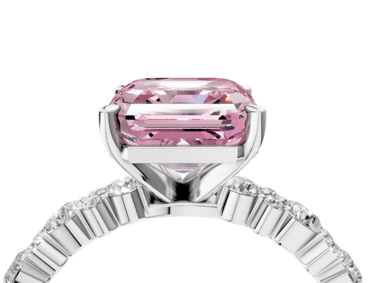 Fancy Pink Asscher Cut Diamond Side Stone Solitaire Ring with Round and Four-Prong Setting Silver