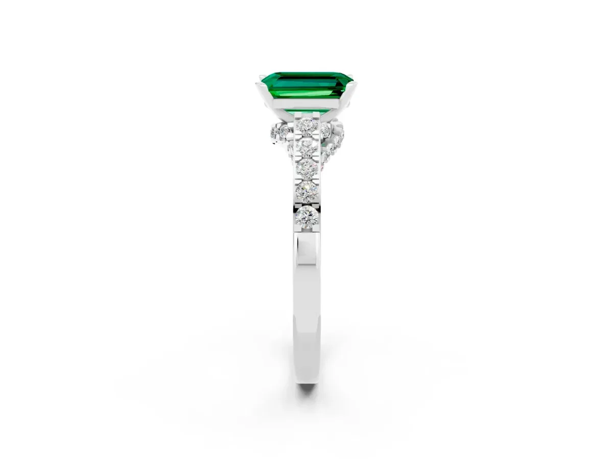 Emerald Cut Emerald Solitaire Ring with Crossover Gallery and Round Pavé Band Silver