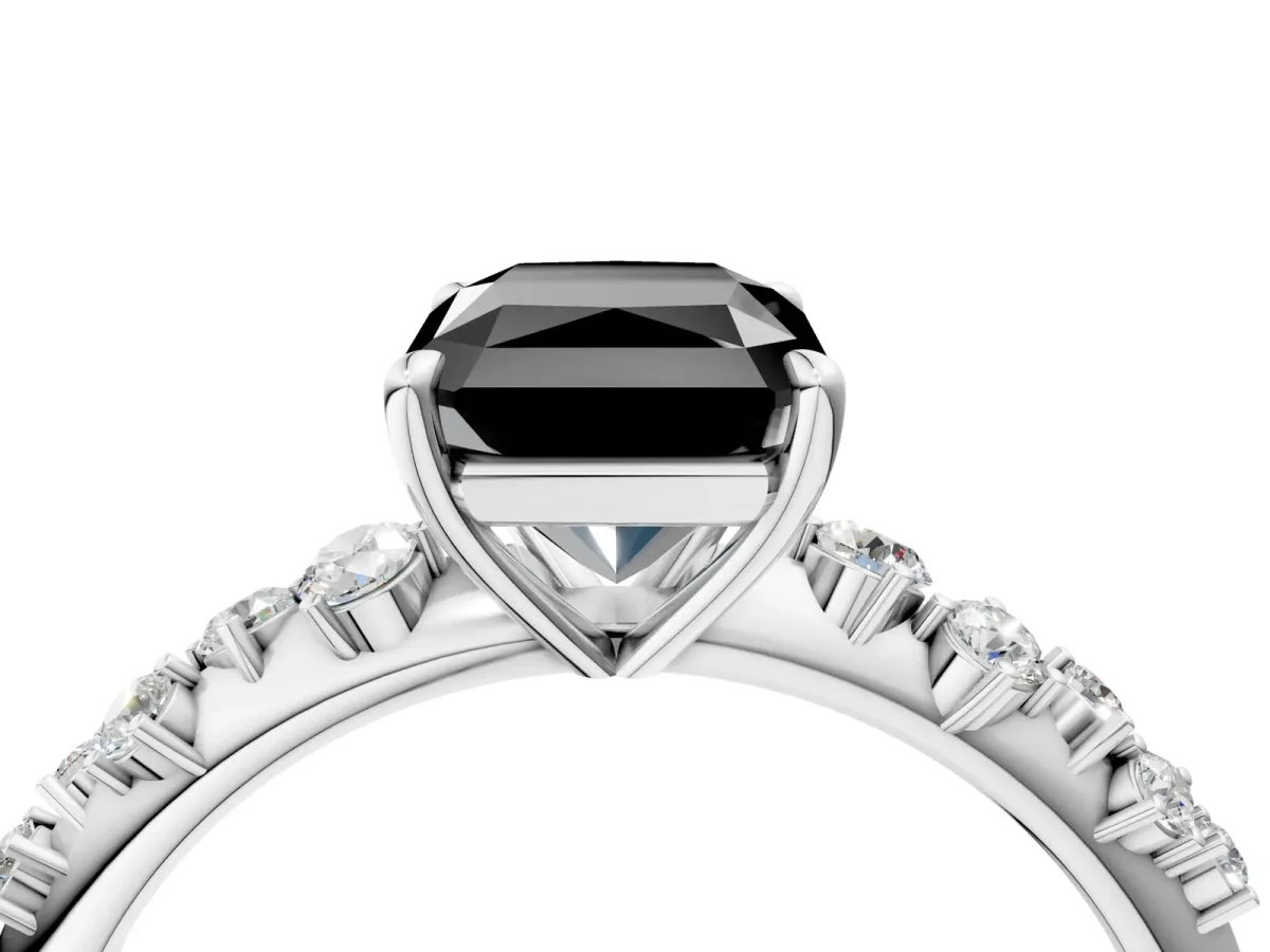 Fancy Black Radiant Cut Diamond Cluster Side Stone Solitaire Ring with Prong Setting Platinum