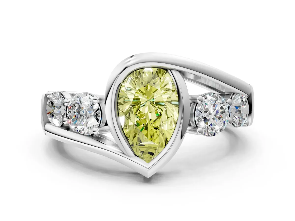 Fancy Yellow Bezel Set Pear Cut Diamond Bypass Ring with Round Accents Platinum