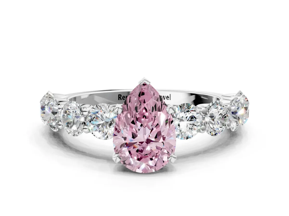 Fancy Pink Pear Cut Diamond Prong Setting with Side Stones on a Pave Band Silver