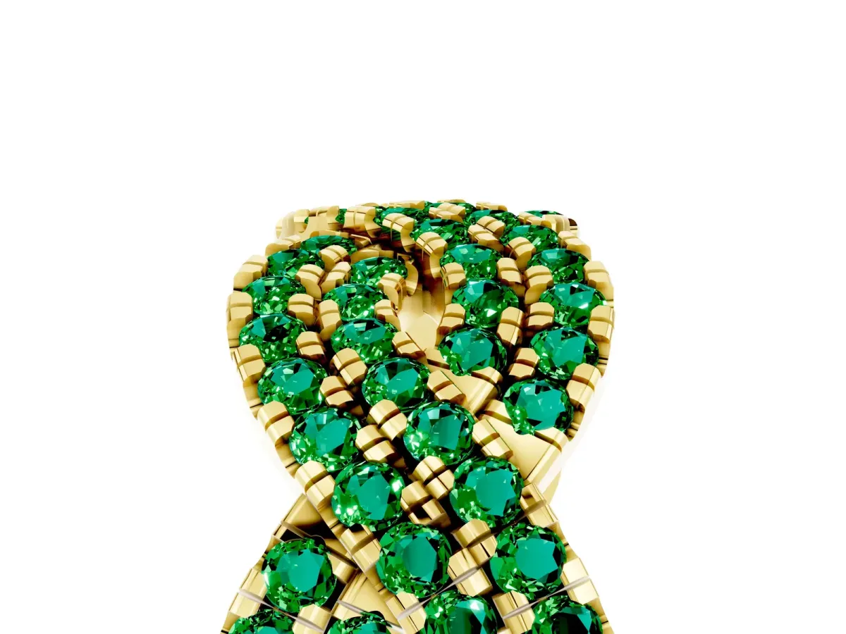 Pavé Round Emerald Infinity Twist Band with Shared Prong Setting Yellow gold