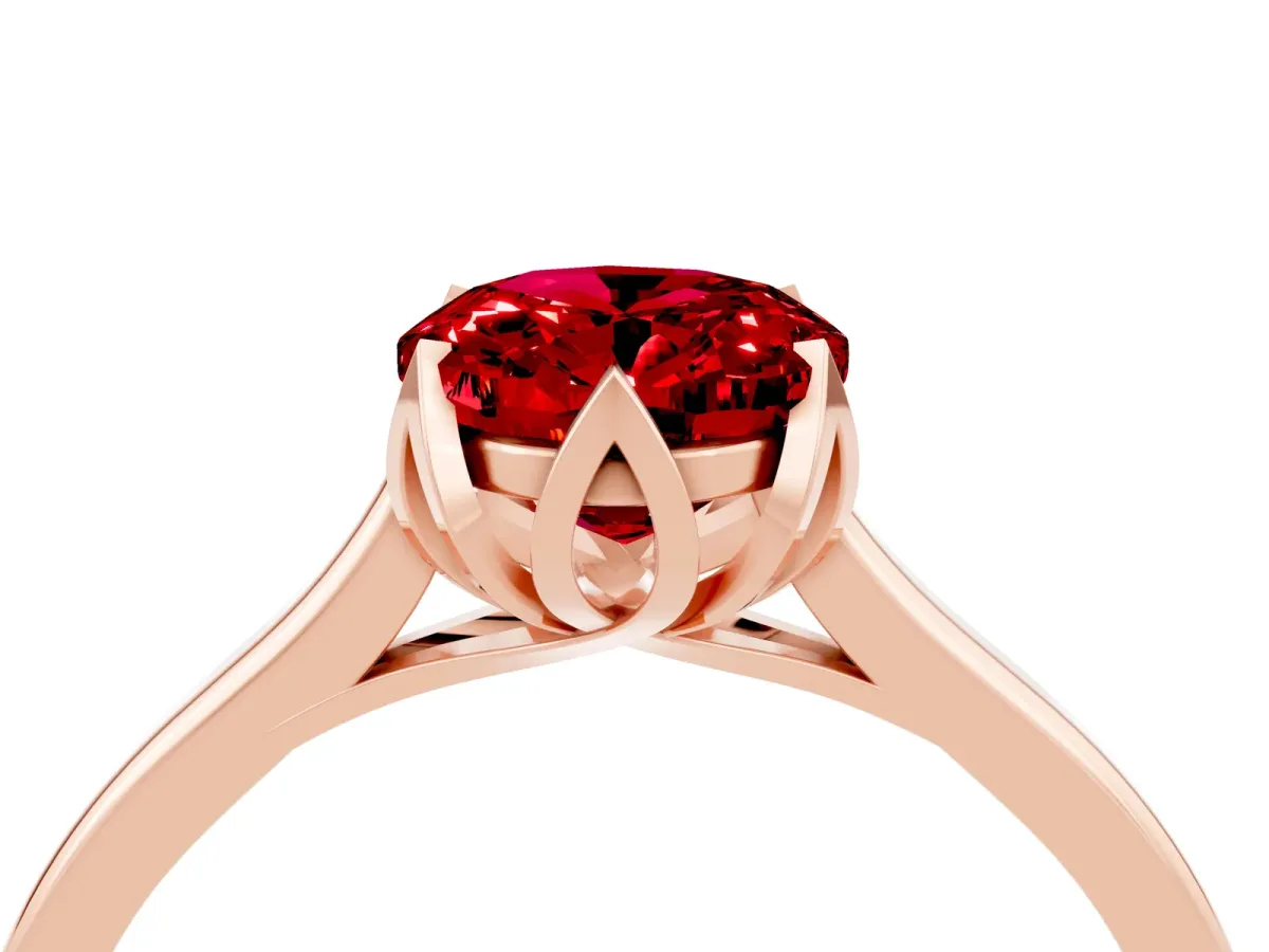 Oval Cut Ruby Solitaire Ring with Flower Prong Setting and Classic Band Rose gold