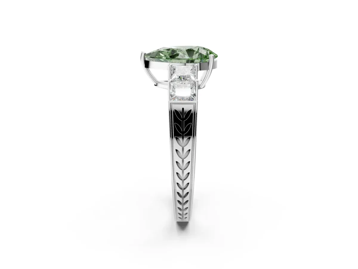 Fancy Green Pear Cut Solitaire Princess Side Stone Engraved Band Prong Setting Ring Platinum