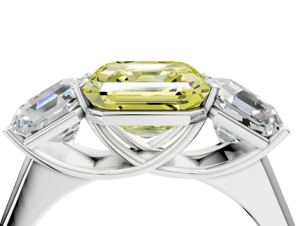 Fancy Yellow Asscher Cut Three-Stone Diamond Ring with Prong Setting on a Classic Band Platinum