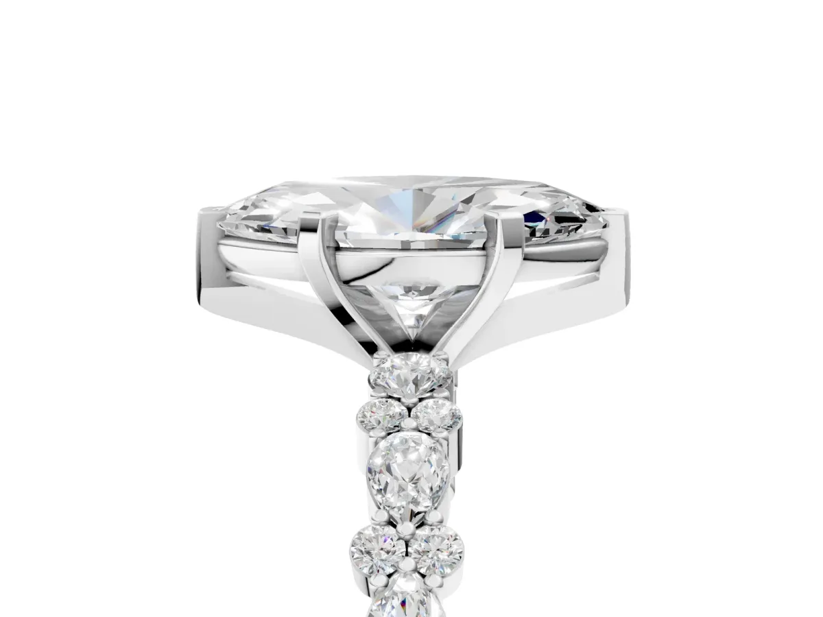 Marquise Cut Diamond Side Stone Solitaire Ring with Round Moissanite and Four-Prong Setting Silver