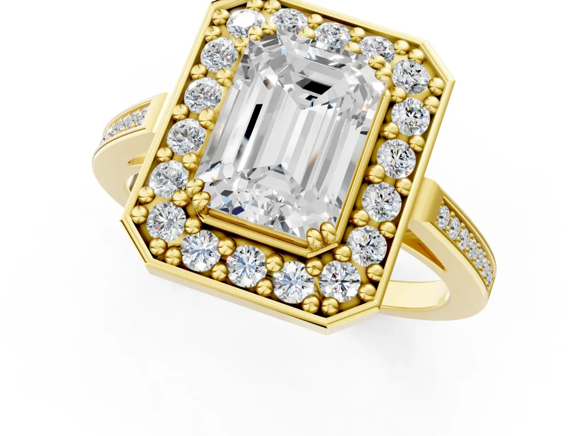 Emerald Cut Diamond Halo Ring with Split Shank and Four-Prong Setting Yellow gold