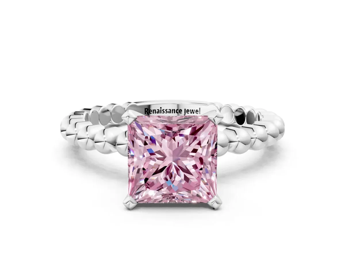 Fancy Pink Princess Cut Diamond Solitaire Ring with Beaded Band and Prong Setting Silver