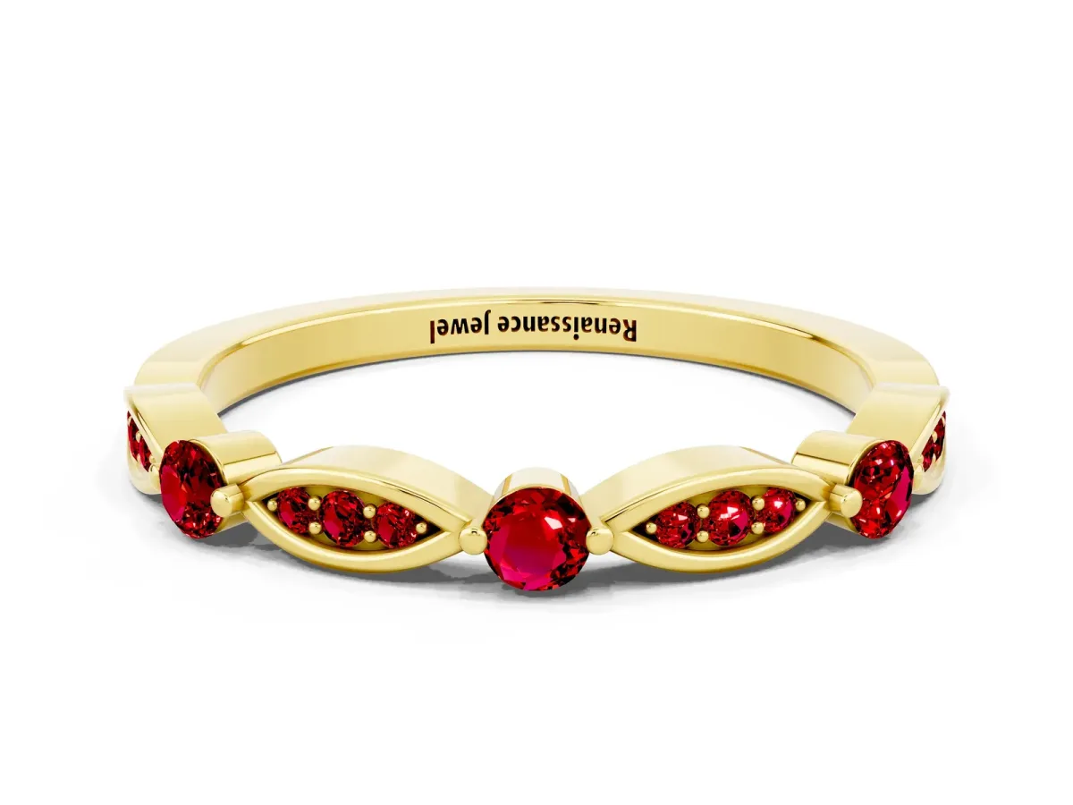 Marquise and Round Ruby Milgrain Band with Bezel Setting Yellow gold